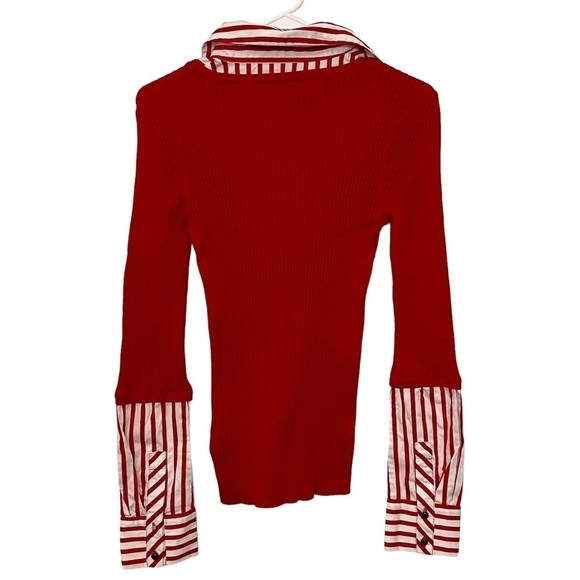 Anne Klein Layered Collar Striped Shirt Sweater | Red | Size M - Picture 8 of 8